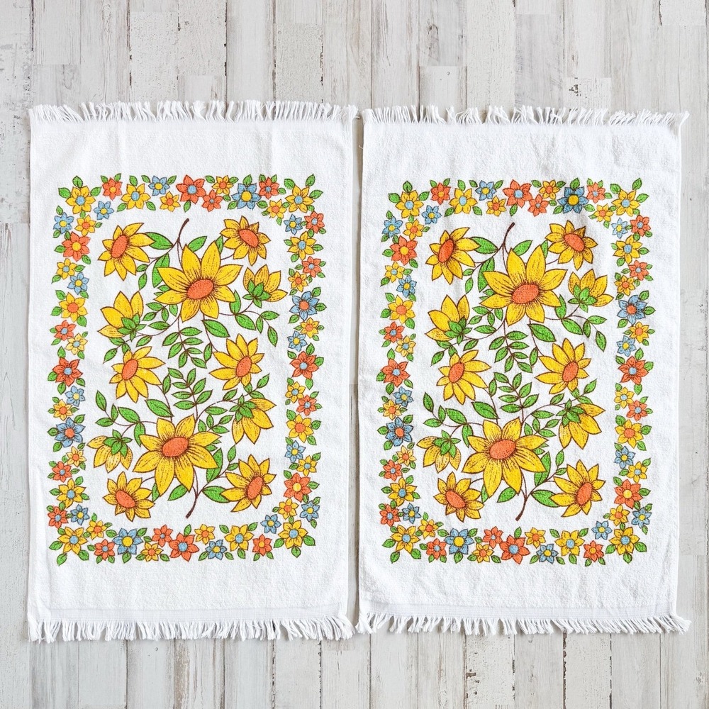 Vintage 1970s Sunflower Floral Terry Cloth Kitchen Dish Towels Fringe Set of 2
